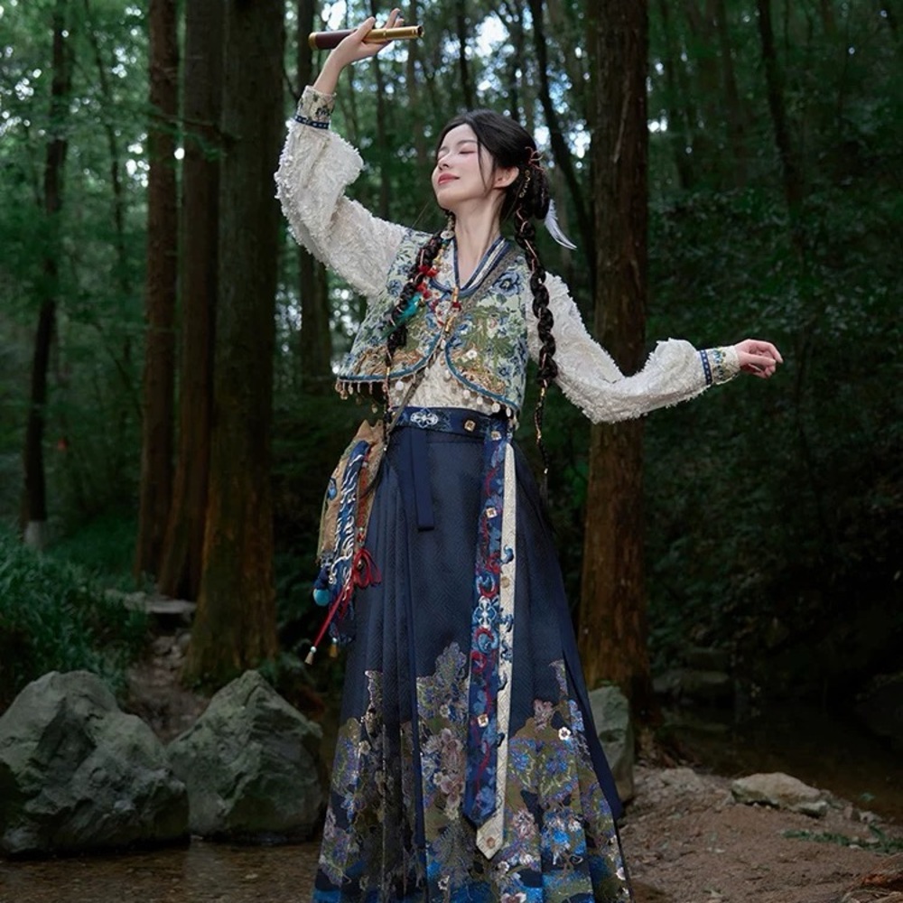 Blue and Cream Resort Wear Dress with Bishop Sleeves